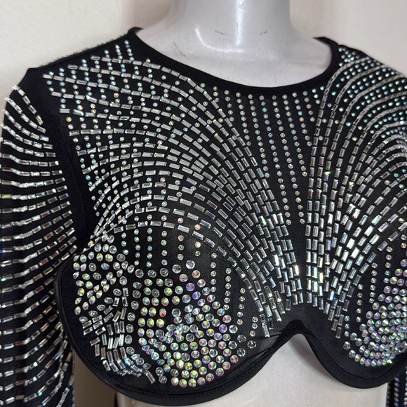 (A5) BAJUL Sheer Crop Top with Rhinestones and Trim, Size M - Picture 3 of 10